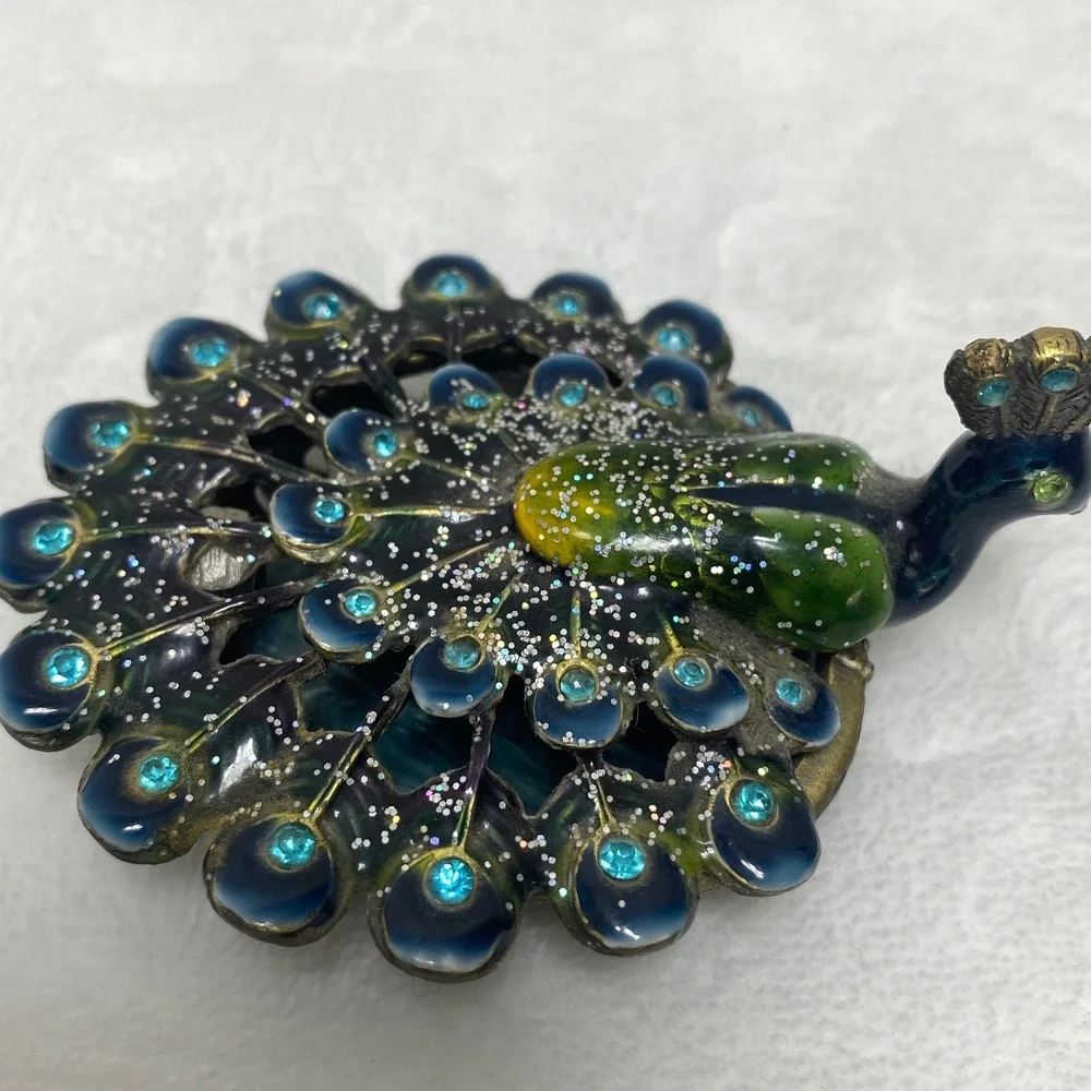 Peacock‎ Trinket Box Magnetic Enamel Jeweled Decorative Figurine Blue Green